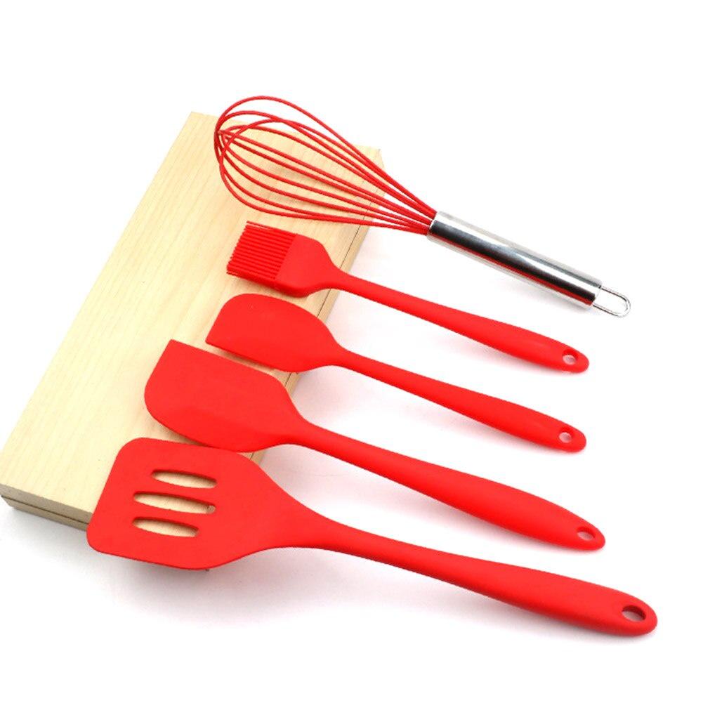 6pc Silicone Cooking Utensil Set Wooden Handle Spatula Soup Spoon Brush Ladle Pasta Colander Non-stick Cookware Kitchen Tools