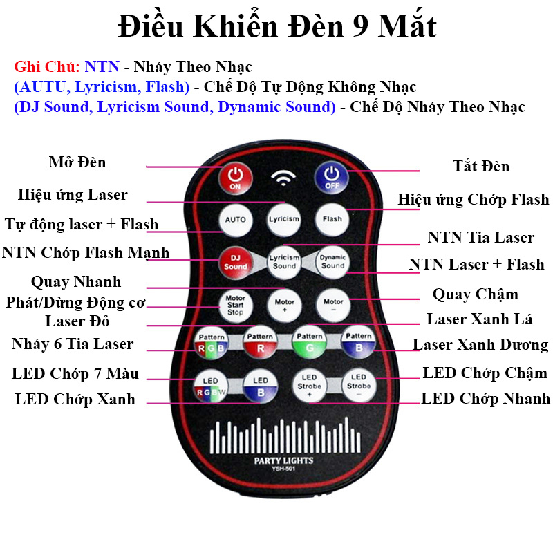 Đèn Chiếu LASER 9 Mắt Cảm Biến Âm Thanh Sân Khấu,Phòng Hát Karaoke