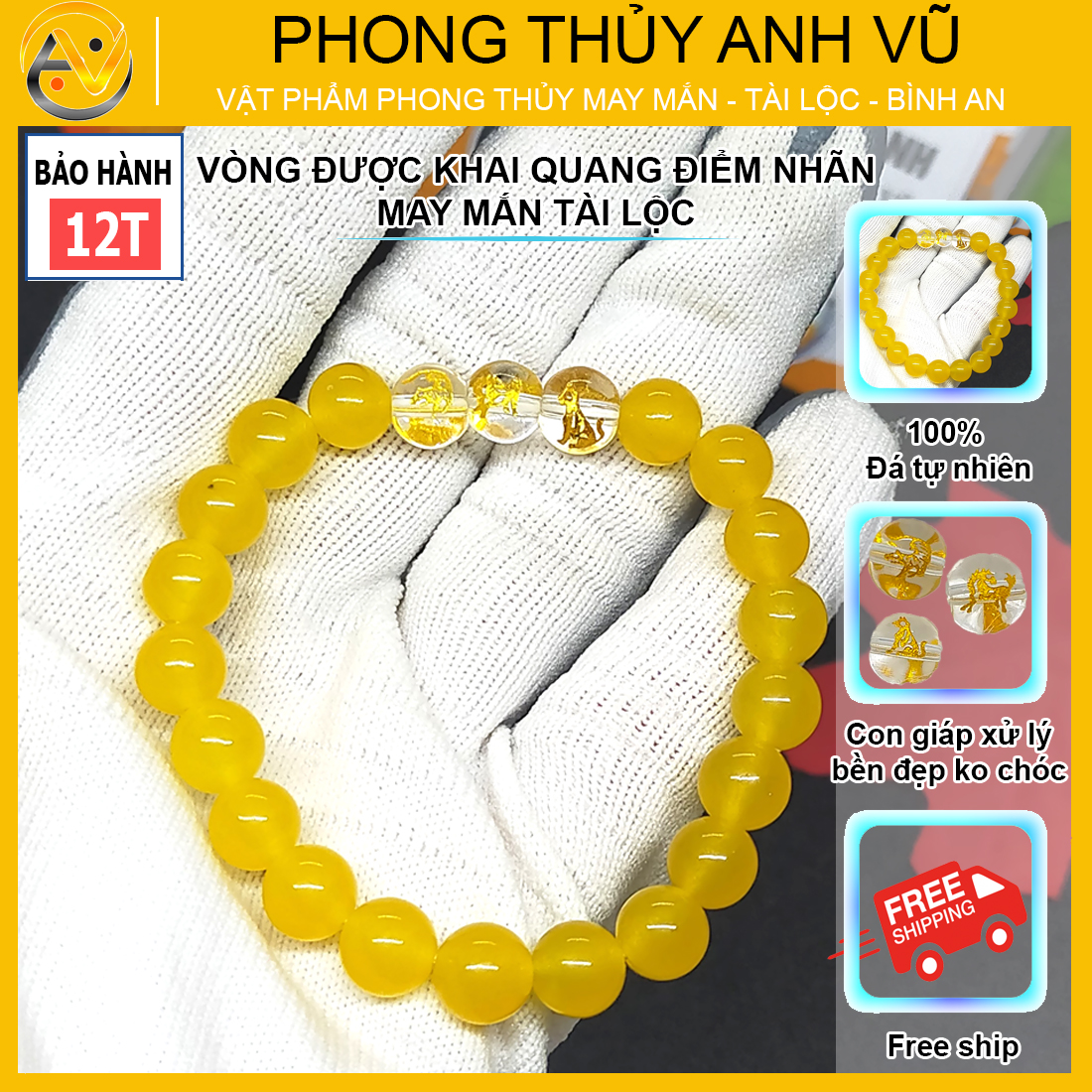 Vòng tay mã não vàng tam hợp dần ngọ tuất - size 8 10ly cho nữ - có khai quang điểm nhãn may mắn tài lộc - bảo hành 12T - Phong Thủy Anh Vũ
