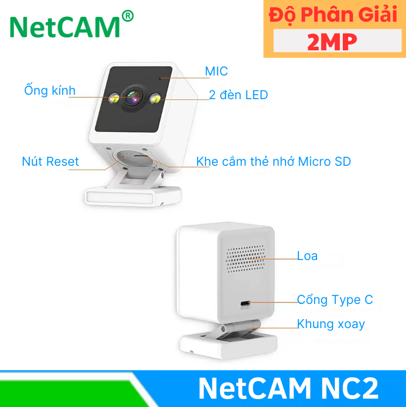 Camera WiFi Trong Nhà NetCAM NC2 2MP, Đế nam châm dễ dàng lắp đặt, Ghi hình màu Ban đêm - Hàng Chính Hãng