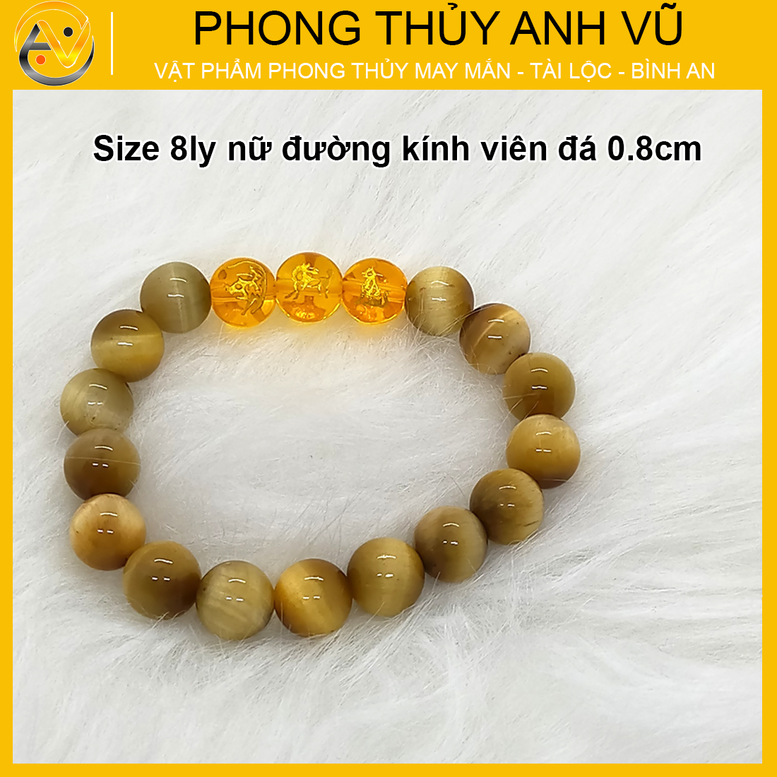 Vòng phong thủy mệnh thổ tam hợp dần ngọ tuất - chất liệu mắt hổ vàng nâu - size 8 10 12ly - có khai quang điểm nhãn may mắn tài lộc - PHONG THỦY ANH VŨ