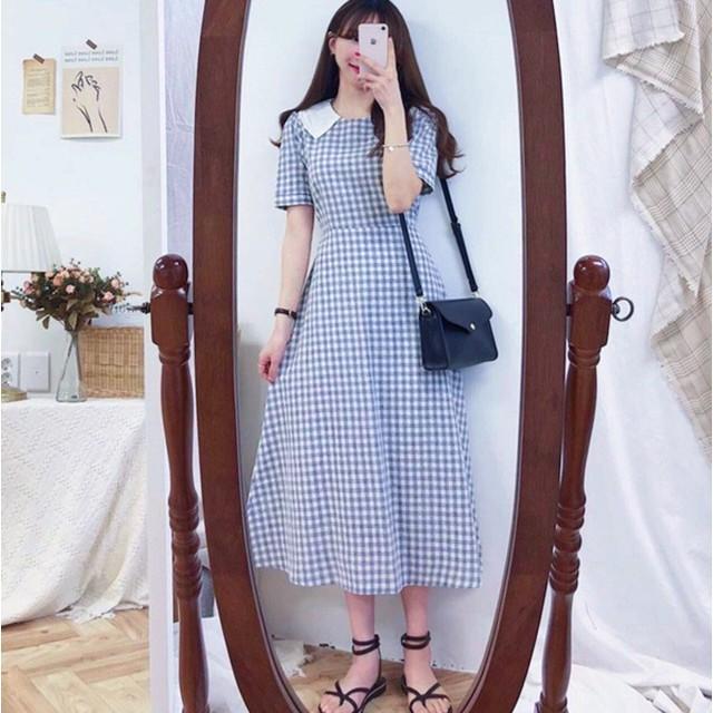 Đầm Dài Xanh Caro Phối