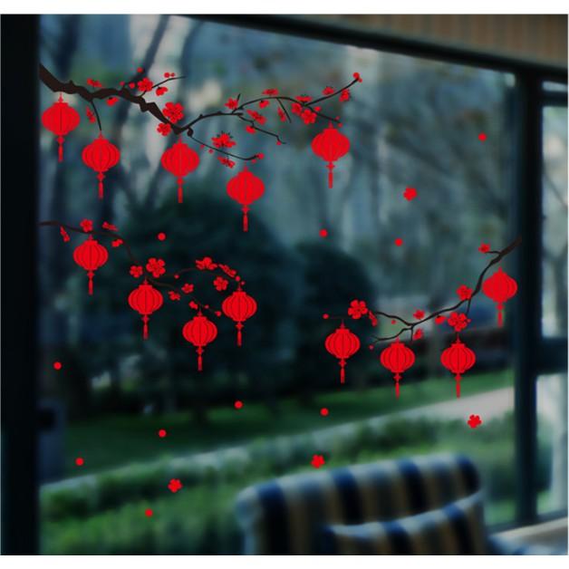 Decal trang trí tết - 3 Cành Mai đỏ lồng đèn size lớn