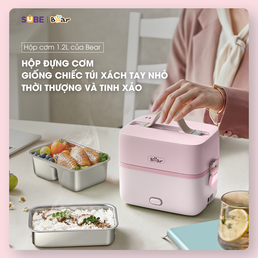 Hộp Cơm Cắm Điện Bear 2 Tầng 3 Ngăn Hâm Nóng Cực Nhanh Inox 304 An Toàn Giữ Nhiệt Chống Trào 1,2L SB-HC12L - Hàng Chính Hãng