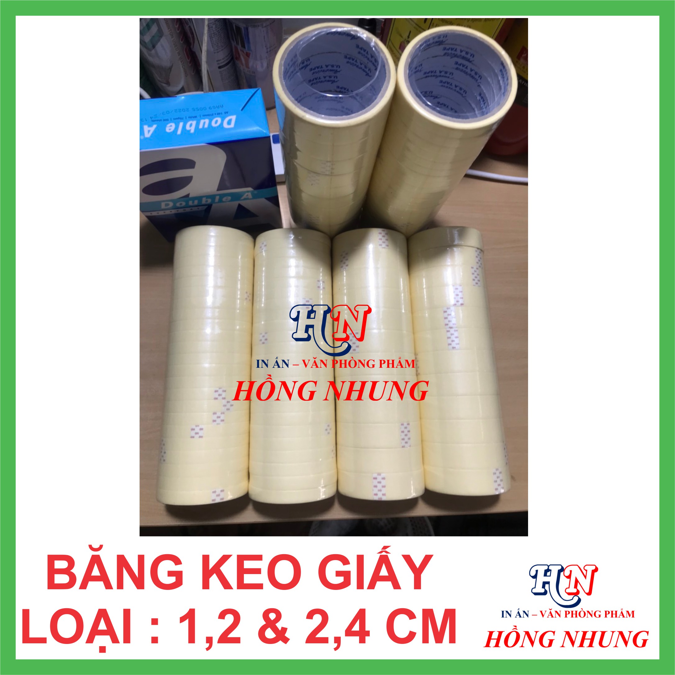 1 cuộn Băng Keo Giấy 1,2cm / 2,4cm ; Siêu dính, bền, chắc chắn, tiện dụng.