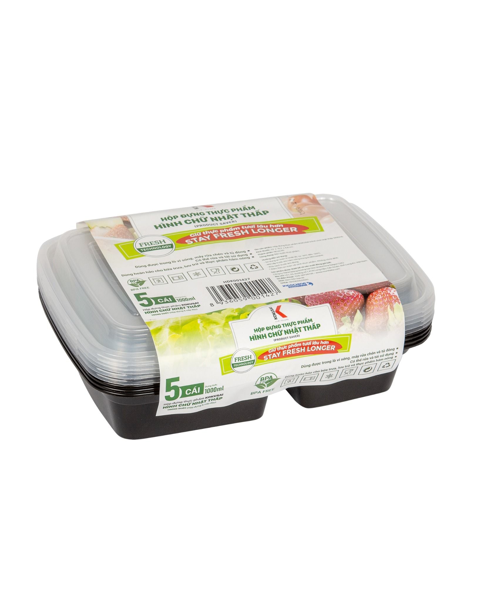 Hộp đựng thực phẩm Kokusai hình chữ nhật thấp 1000ml, dùng được cho lò vi sóng – HDK001427 - Hàng chính hãng