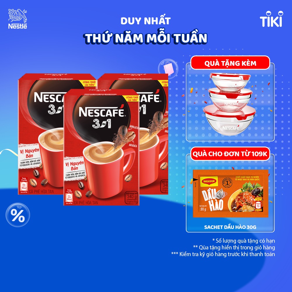 [Quà tặng tháng 11 - Mua 1 Tặng 1 Bộ 3 Thố thủy tinh] Combo 3 hộp cà phê NESCAFÉ 3IN1 VỊ NGUYÊN BẢN - công thức cải tiến (Hộp 20 gói x 16g)