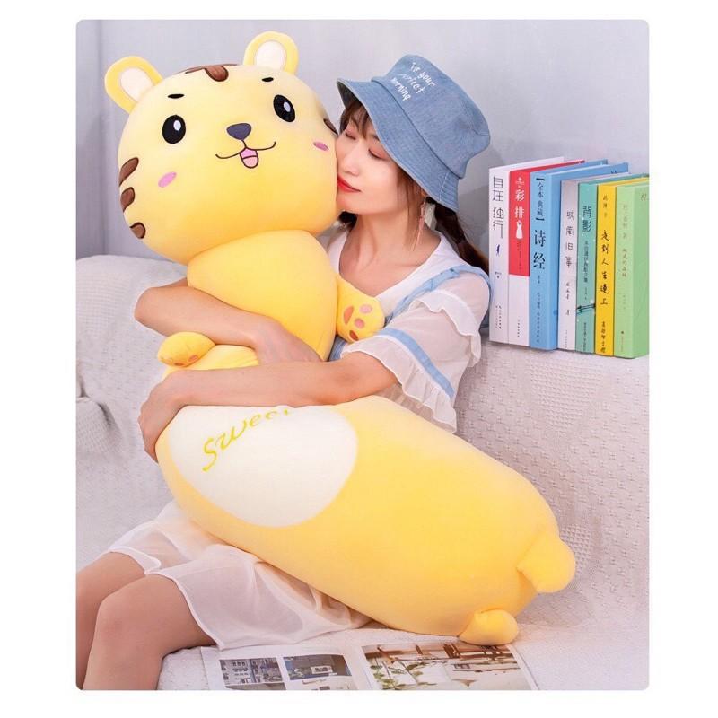 Gối Ôm Gấu Bông Hình Thú Hổ Vàng Cho Bé Kích Thước 1m1, Co Dãn 4 Chiều Chất Vải Mềm Mịn
