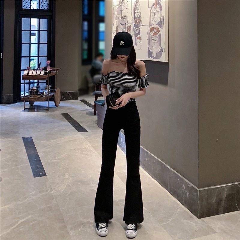 Quần jean Skinny Nữ Ống Loe Đen Trơn, Co giãn 4 chiều, cạp cao tôn dáng