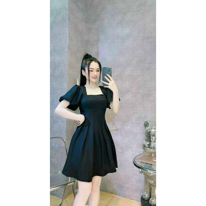 Đầm Váy nữ Cổ Vuông Tay Bồng Váy Xếp Ly Xòe duyên dáng gợi cảm quyến rũ