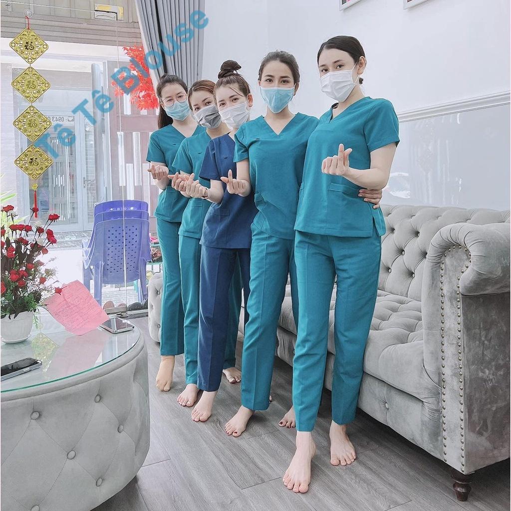 Bộ SCRUBS cổ tim phòng mổ, đồng phục phẫu thuật, Spa, phòng khám, Bác Sĩ, màu XANH NGỌC LÝ vải Thun co giãn Cao cấp