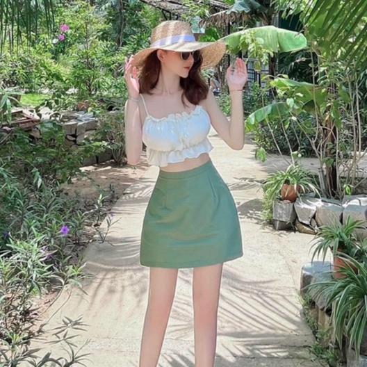 Sét bộ thời trang nữ áo hai dây phối chân váy for màu sắc hài hoà xanh trắng sang chảnh