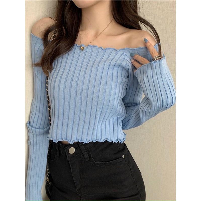 Áo len croptop cổ thuyền trễ vai dài tay, Áo len kiểu trễ vai dáng ngắn AL1268 - NhiNhi Shop