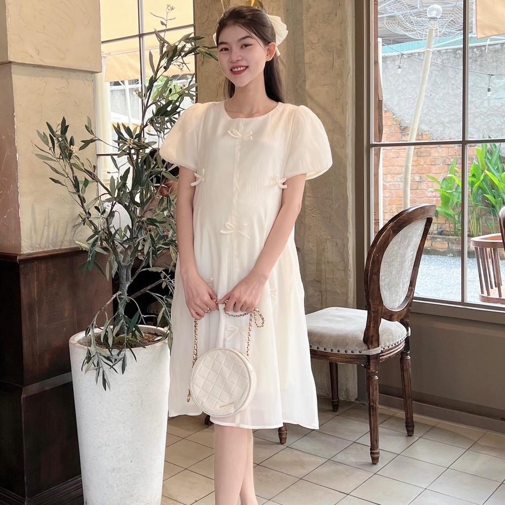 Đầm bầu tơ phom suông đính nơ nhẹ nhàng, dễ thương, sang chảnh - Hồng