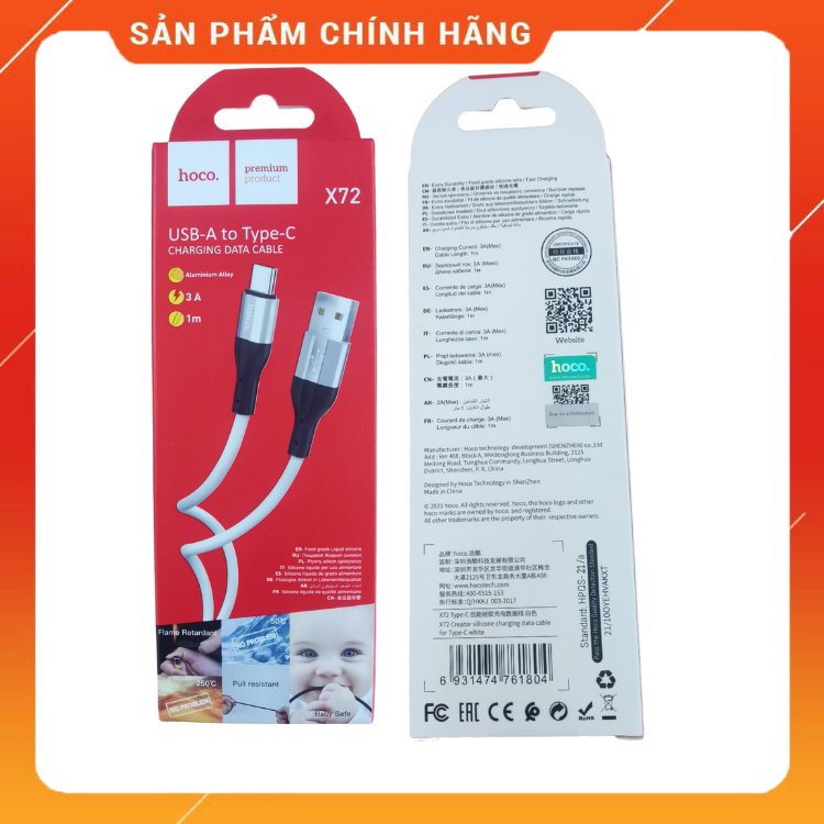 Cáp sạc Type C X72 chính hãng Hoco. sạc nhanh , siêu bền bảo hành cho điện thoại samsung , máy tính bảng - hàng chính hãng