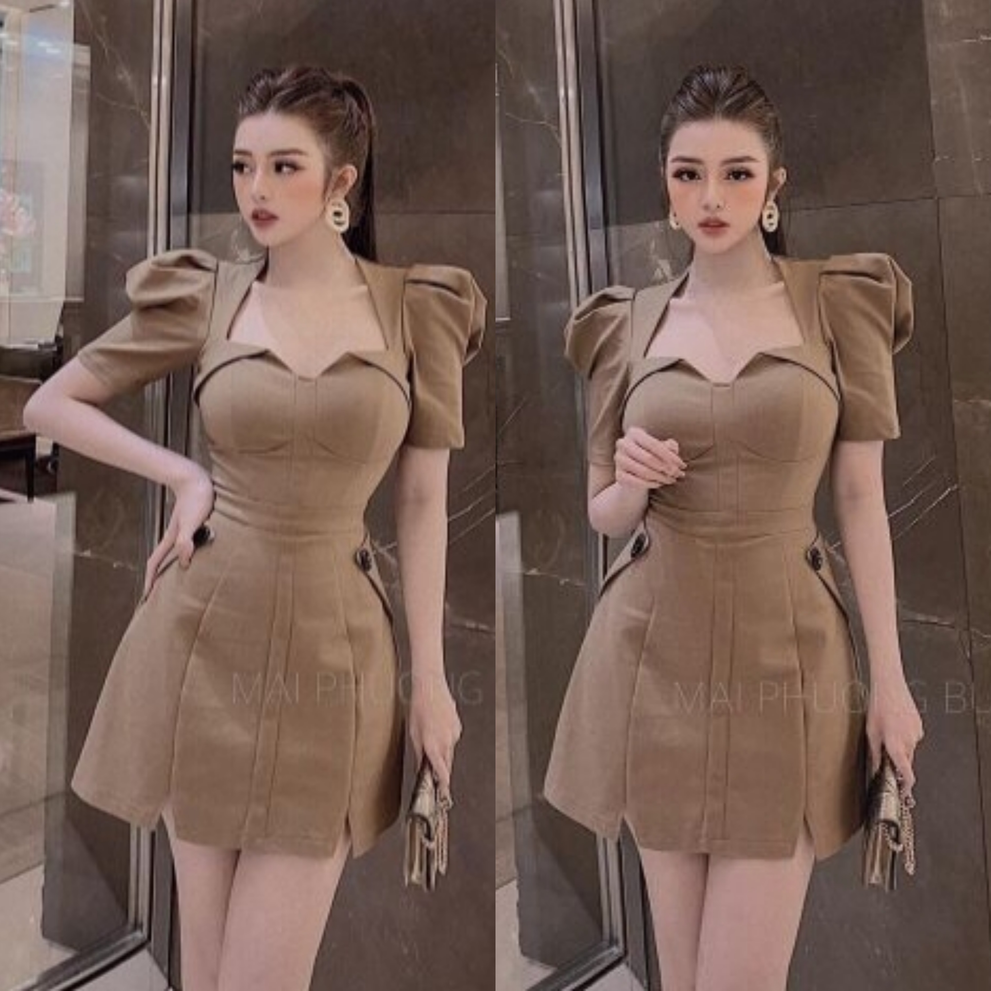ĐẦM XÒE NHẸ TAY PHỒNG CỔ KIỂU EO KẾT NÚT LAI V NHỎ HÀNG THIẾT KÊD