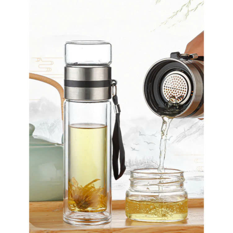 Bình Thủy Tinh 2 Lớp Pha Trà - Cách Nhiệt Tốt - Có Lõi Lọc Inox 304 - Dung Tích 400ml - Hàng Loại 1