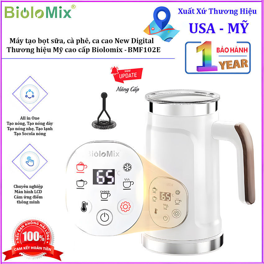 Máy tạo bọt sữa, cà phê, ca cao New Digital 5 trong 1 chuyên nghiệp. Thương hiệu Mỹ cao cấp Biolomix - BMF102E. Hàng chính hãng