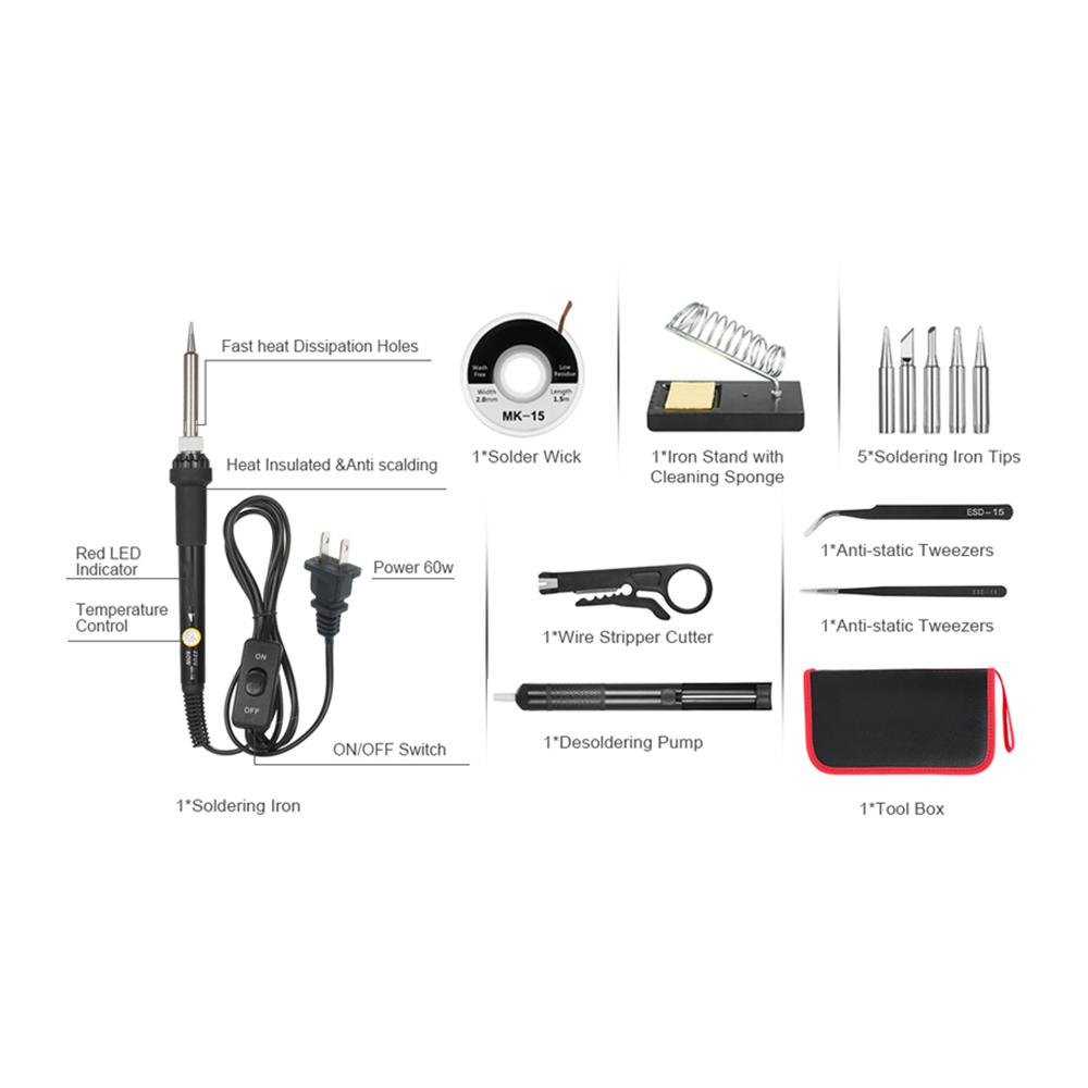 13 in 1 Soldering Iron Kit 60W Adjustable Temperature Welding Soldering Iron with ON/OFF Switch 5pcs Soldering Tips Solder Sucker Desoldering Wick Anti-static Tweezers Iron Stand with Cleaning Sponge Zipper Tool Pouch Organizer