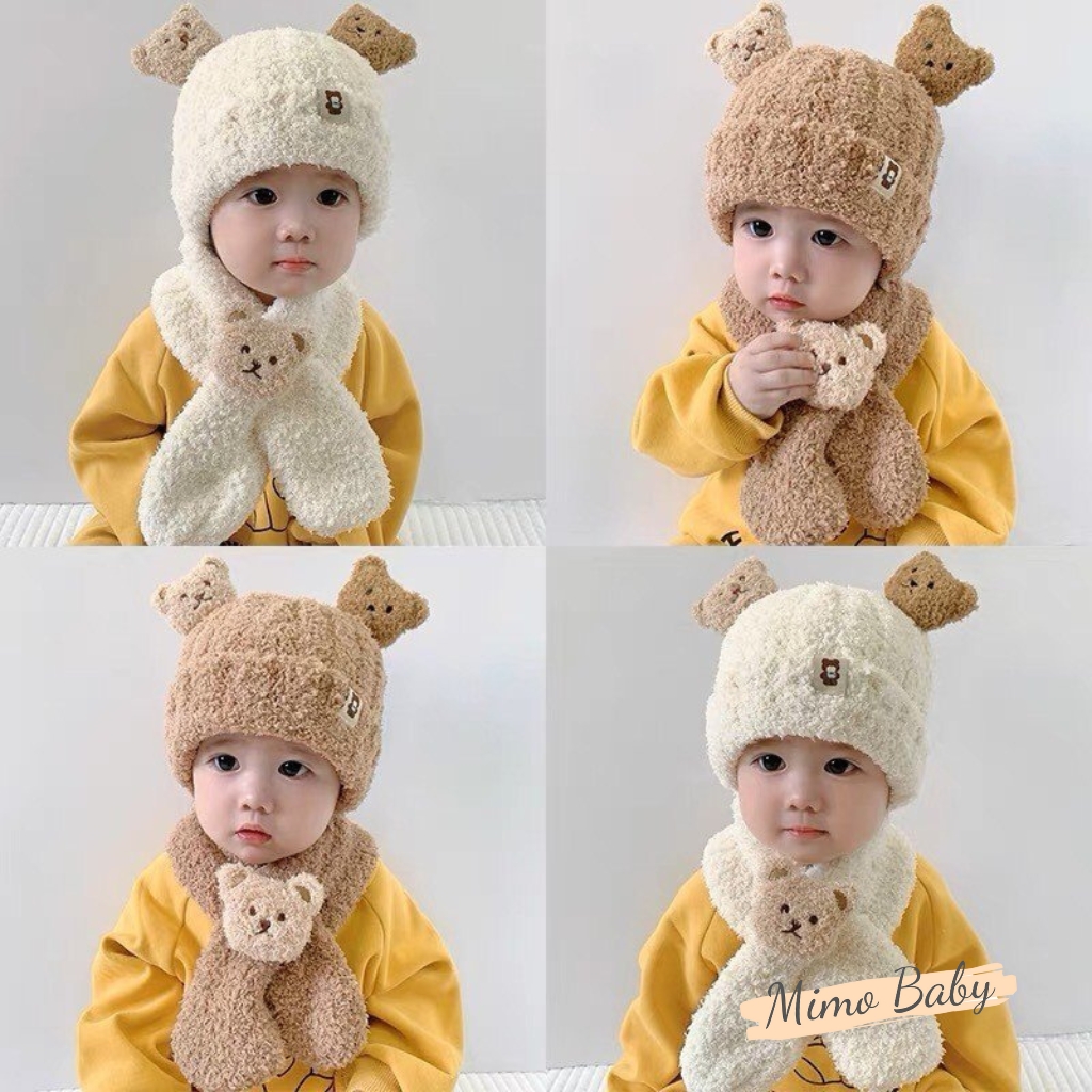 Set khăn mũ len đính gấu bông xù siêu đáng yêu cho bé ML250 Mimo Baby