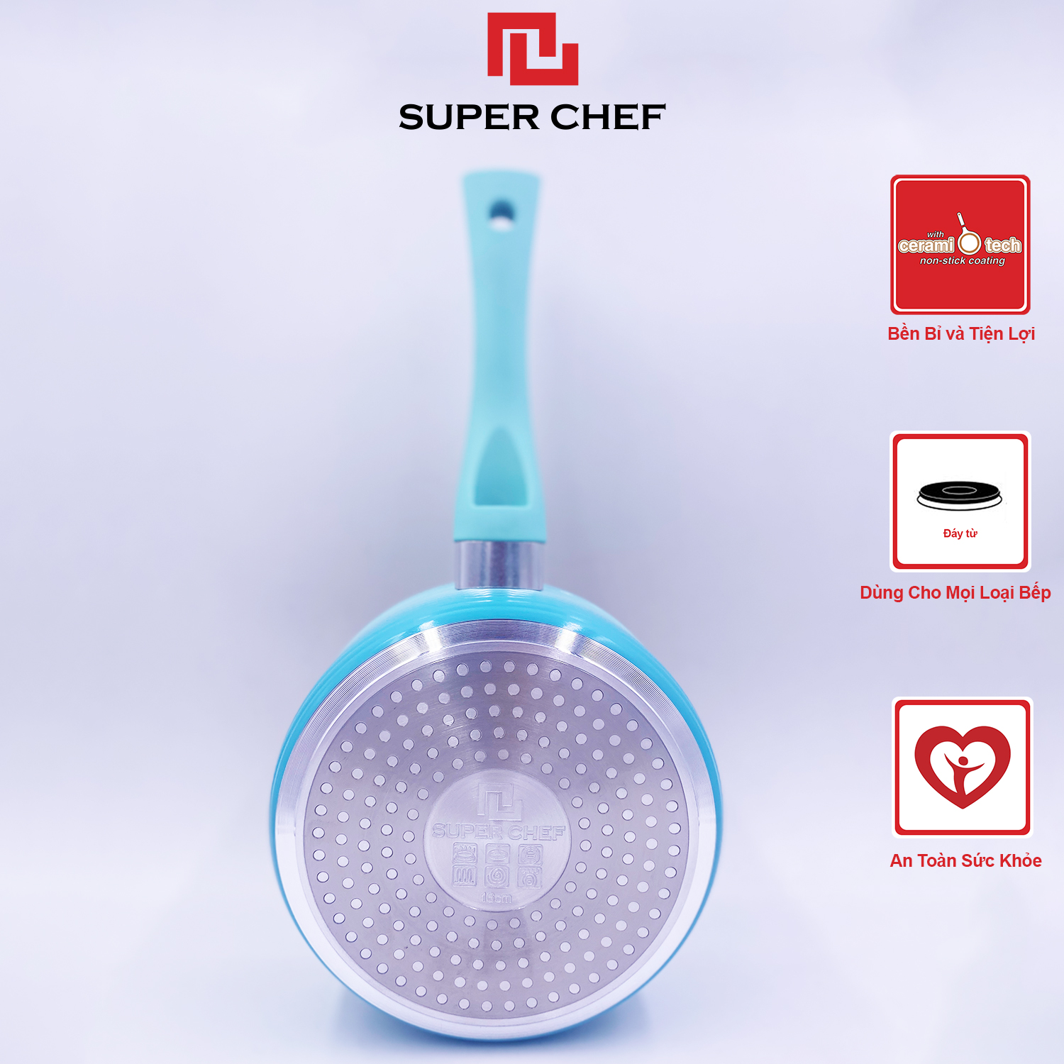 Nồi Cán Dài/ Quánh Ceramic Đáy Từ Chef Blue Cao Cấp An Toàn Sức Khỏe, Thiết Kế Mới, Siêu Bền Bỉ Không Bong Tróc, Hạn Chế Trầy Xước Size 16cm