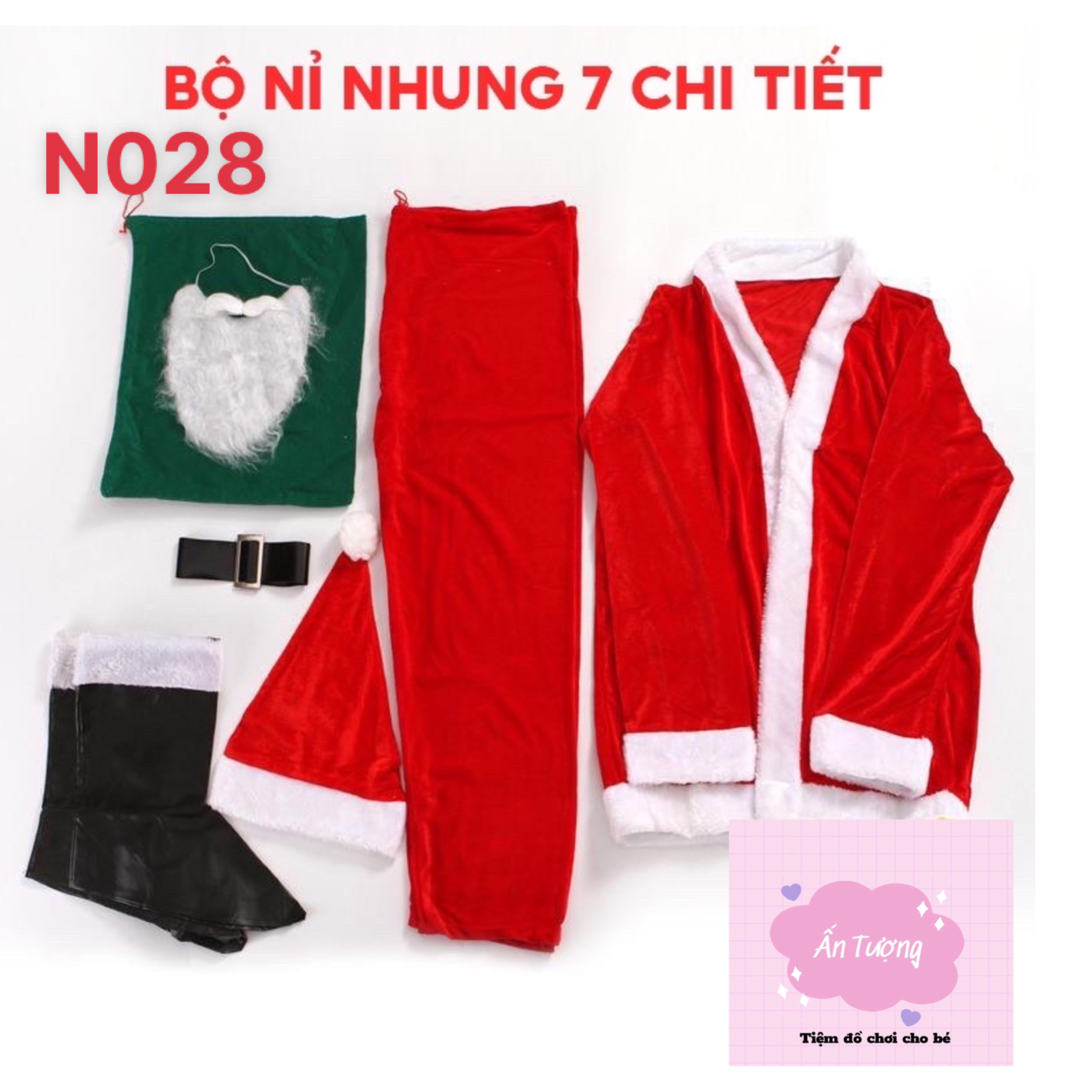 Bộ quần áo Ông Già Noel - Bộ trang phục hoá trang Ông già Noel người lớn- Bộ 7 chi tiết hoá trang ông già Noel