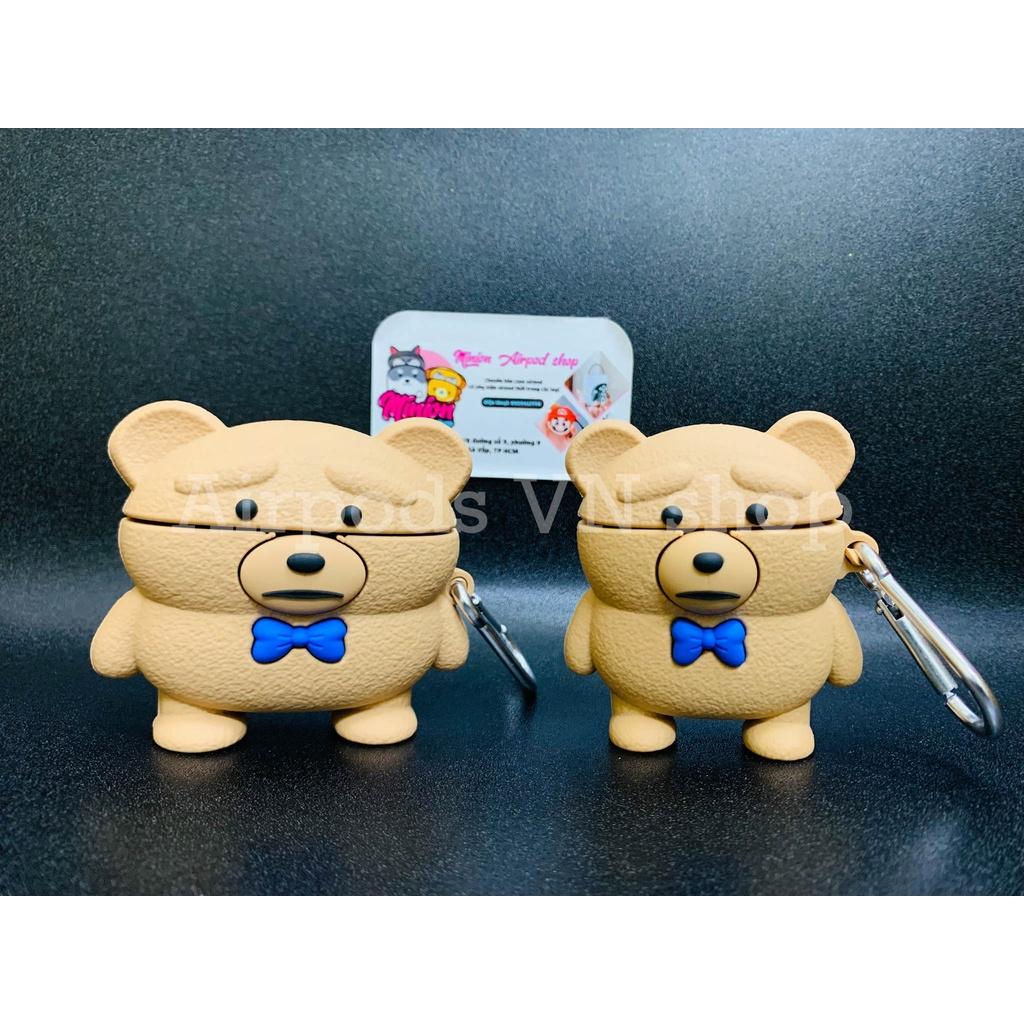 Bao Case Ốp dành cho Airpods 1/2, Airpods Pro gấu kute cột nơ xanh silicon cao cấp