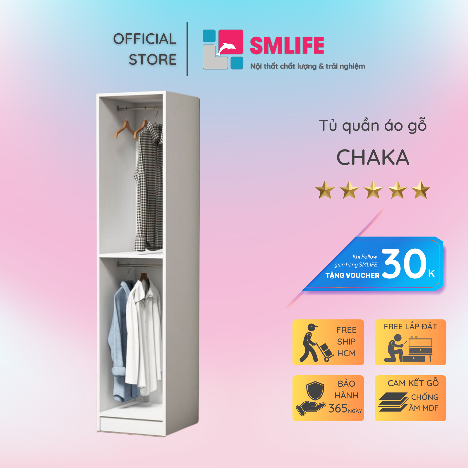 Tủ quần áo gỗ hiện đại SMLIFE Chaka | Gỗ MDF dày 17mm chống ẩm | D40xR50xC180cm