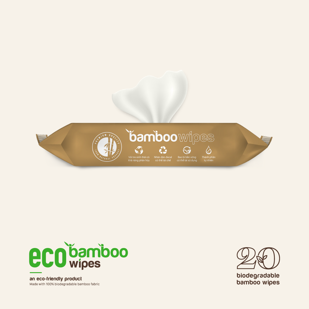 Khăn giấy ướt cao cấp EcoWipes vải sợi tre sinh thái Bamboo không mùi có thể phân hủy trong môi trường