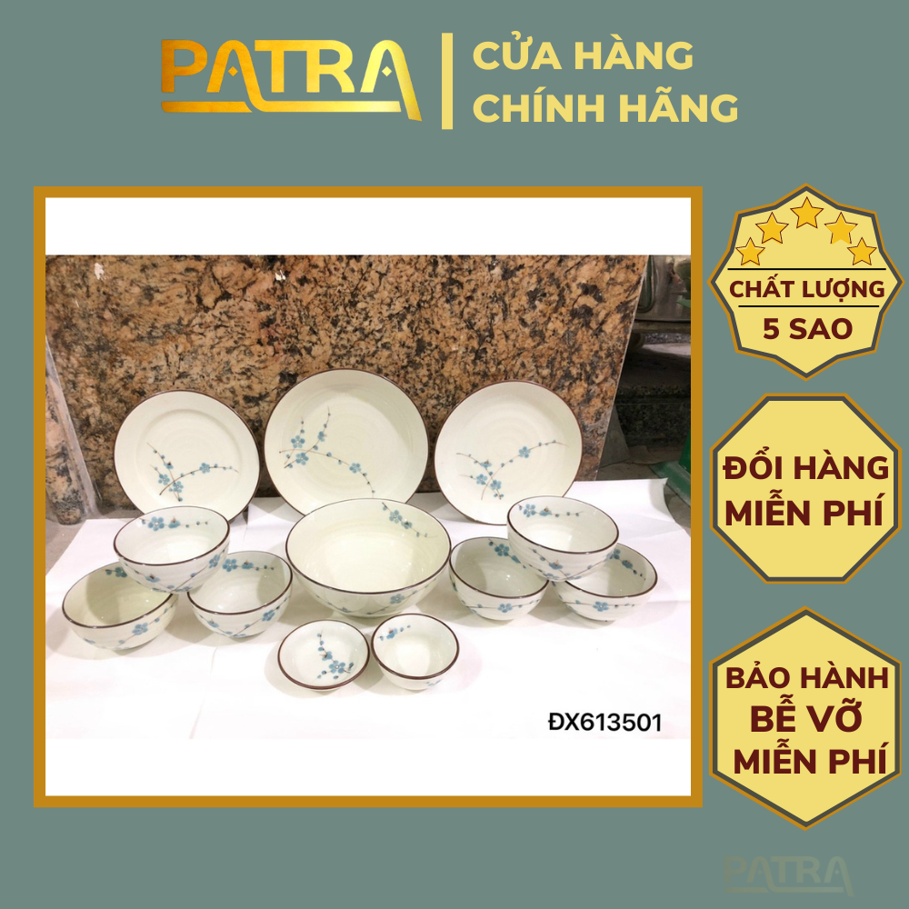Bộ bát đĩa sứ Bát Tràng, bộ chén đĩa ăn cơm gia đình men kem họa tiết đào xanh cao cấp, nhiều mẫu