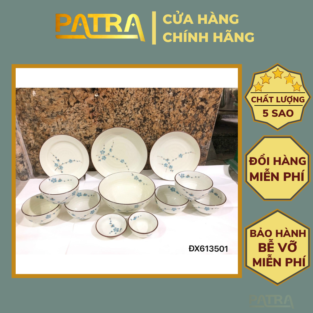 Bộ bát đĩa sứ Bát Tràng, bộ chén đĩa ăn cơm gia đình men kem họa tiết đào xanh cao cấp, nhiều mẫu