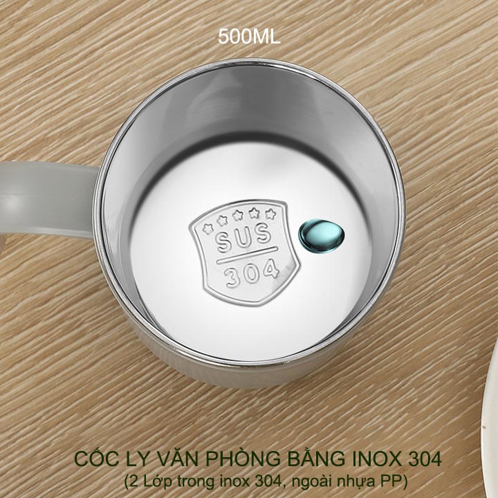 Cốc ly uống cà phê, trà 500ml cho dân văn phòng, loại 2 lớp trong inox 304 ngoài nhựa PP kèm ống hút