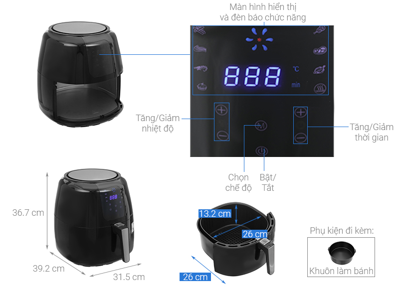 Nồi chiên không dầu Lock&Lock 7.2L EJF296BLK - Hàng chính hãng, chiên được nguyên con gà, tặng kèm chảo nướng - Hapos
