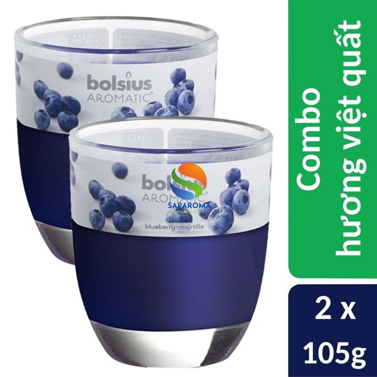 Combo 2 ly nến thơm tinh dầu Bolsius Blueberry 105g - hương việt quất, nến trang trí, thơm phòng, thư giãn, khử mùi