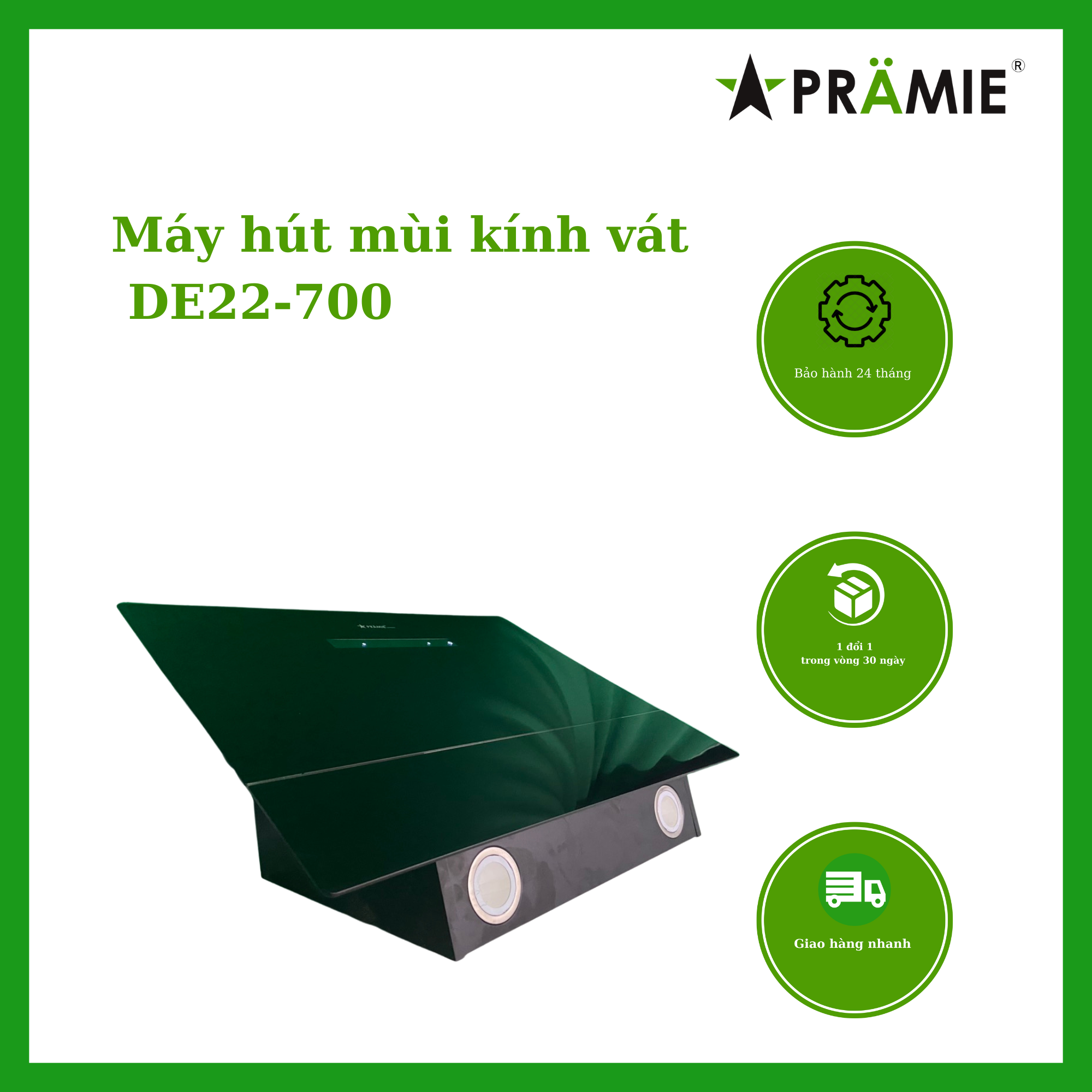 Hút mùi kính vát 70cm  Pramie DE22-700_Vẫy tay_Hàng nhập khẩu Malaysia