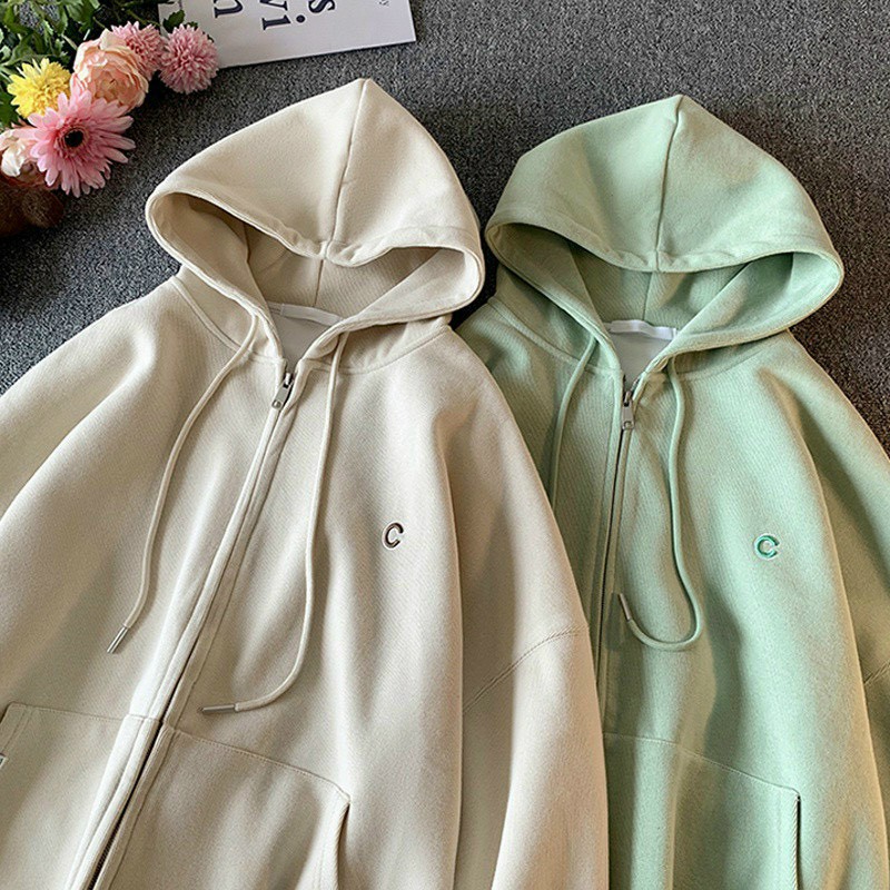 Áo Hoodie nữ zip unisex - khoác nỉ bông Ulzzang, mũ áo 2 lớp, thân 1 lớp có thêu hình chữ C