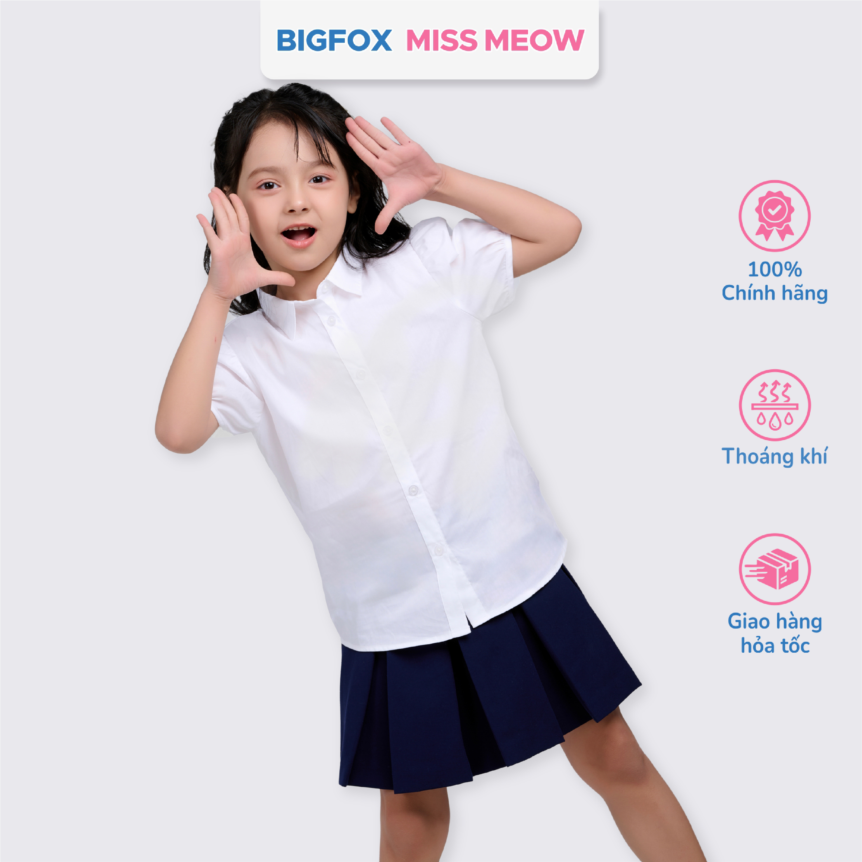 Áo sơ mi bé gái màu trắng Bigfox Miss Meow, áo cộc tay đồng phục đi học có cổ 6,9,11 tuổi 30kg 40kg