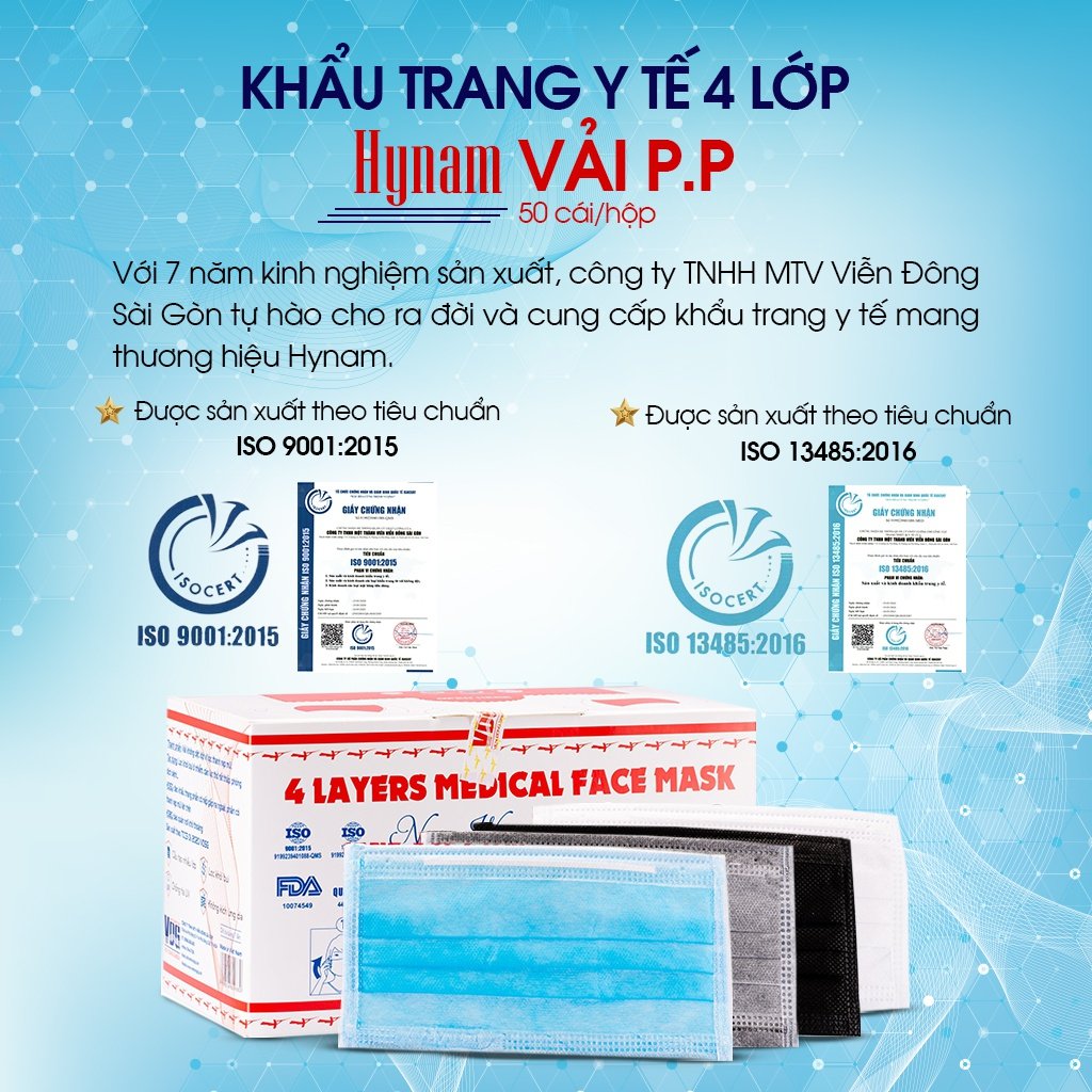 Khẩu trang y tế 4 lớp Hynam màu xanh hộp 50 cái - Kháng khuẩn, chống bụi, chống tia UV