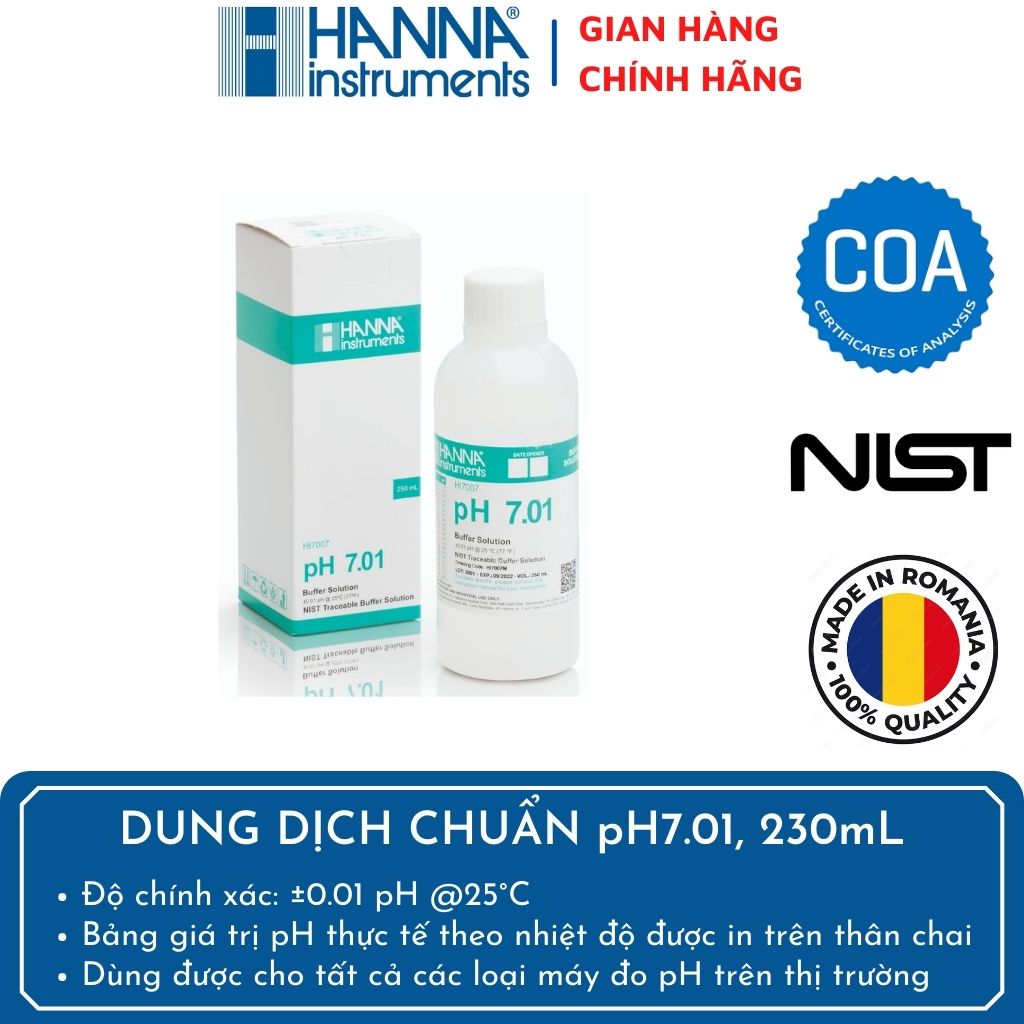 Dung Dịch Hiệu Chuẩn pH 7.01 Có Thể Dùng Cho Bất Kỳ Máy Đo pH Nào, Chai 250mL - HI7007M