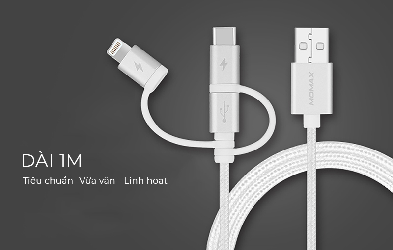 Cáp sạc và Truyền dữ liệu Đa năng 3 trong 1 Momax ONE Link DX1 cổng Type C + Lightning + Micro USB - Hàng chính hãng