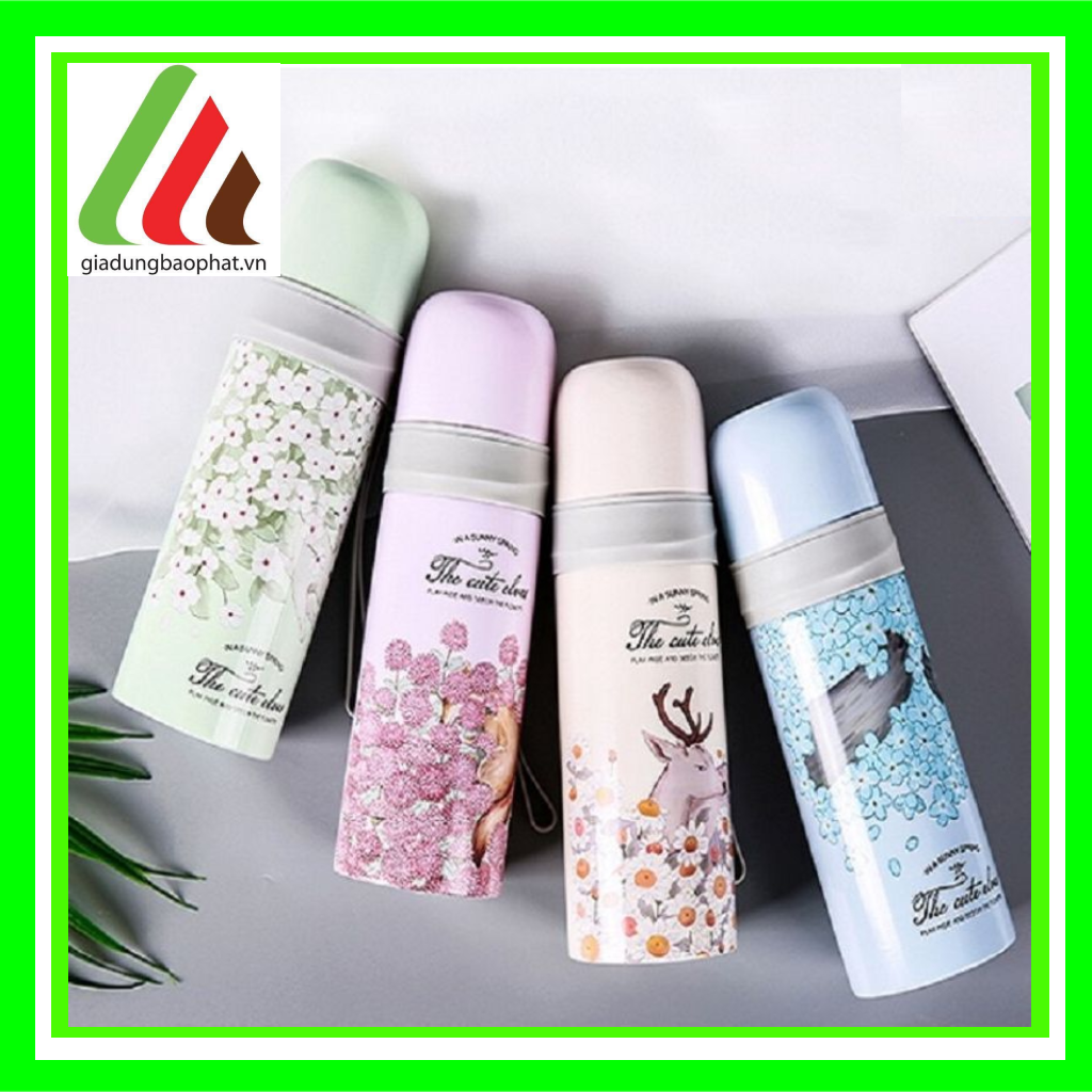 Bình giữ nhiệt the cute elves 500ml inox 2 lớp chân không cách nhiệt in hình dễ thương có dây xách tiện lợi