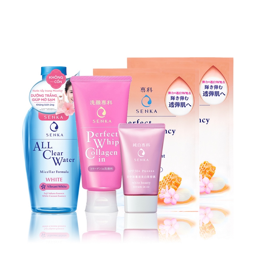 Bộ sản phẩm Senka trắng hồng chuẩn Nhật (SRM Collagen 120g, CN Serum CC 40g, All Clear Water 230ml, Mask 25ml)