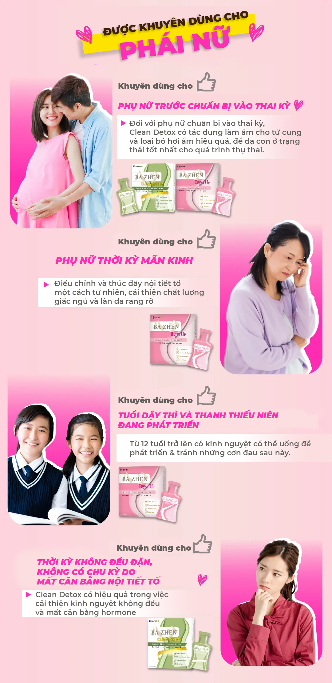 Combo 2 Hộp Nước Uống Thảo Mộc Đài Loan Hỗ Trợ Giảm Đau Bụng Mùa Dâu Rụng, Detox, Dáng Thon, Tăng Kích Cỡ Vòng 1 Ba Zhen Ujuwon