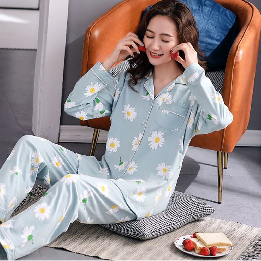 Bộ Đồ Pyjama Bầu Và Sau Sinh Dài Tay Az9446 Chất Liệu 100%Cotton Họa Tiết Hoa Cúc Dễ Thương Có Thiết Kế Cho Bé Ti