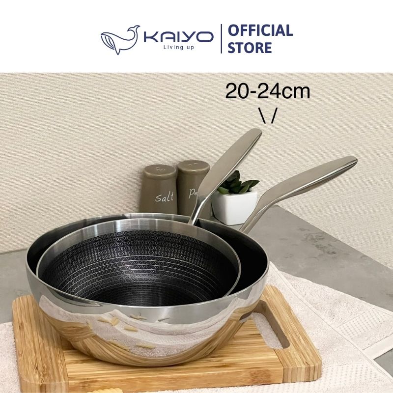 Chảo inox sâu lòng chống dính hoa văn nổi thân đáy liền 3 lớp tri-ply Kaiyo, size 24cm