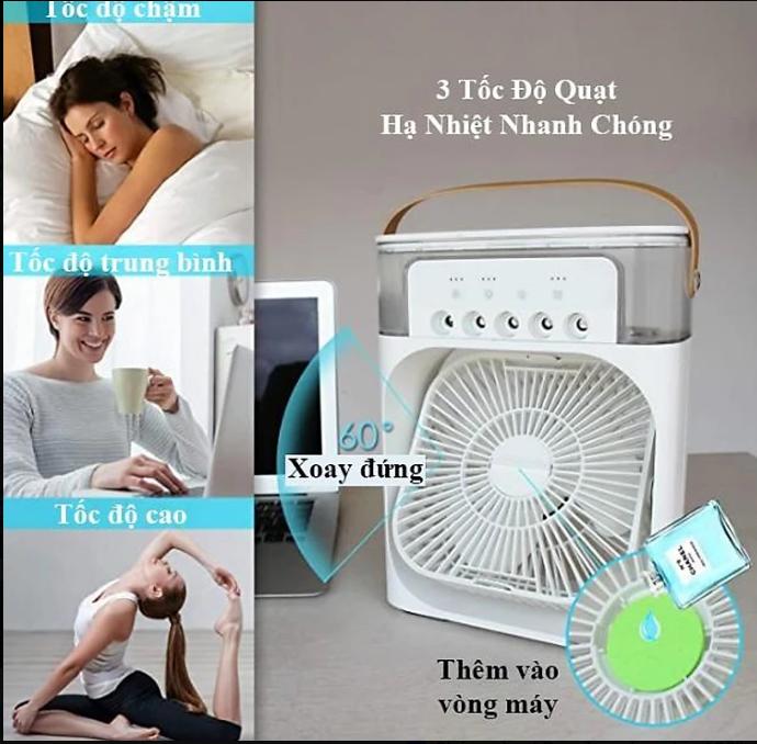 Quạt Điều Hòa Phun Sương Hơi Nước Mini Để Bàn Dung Tích Lớn 3 Chế Độ Đèn LED Đổi Màu, Chế Độ Hẹn Giờ Sử Dụng Cổng Sạc USB Tiện Dụng