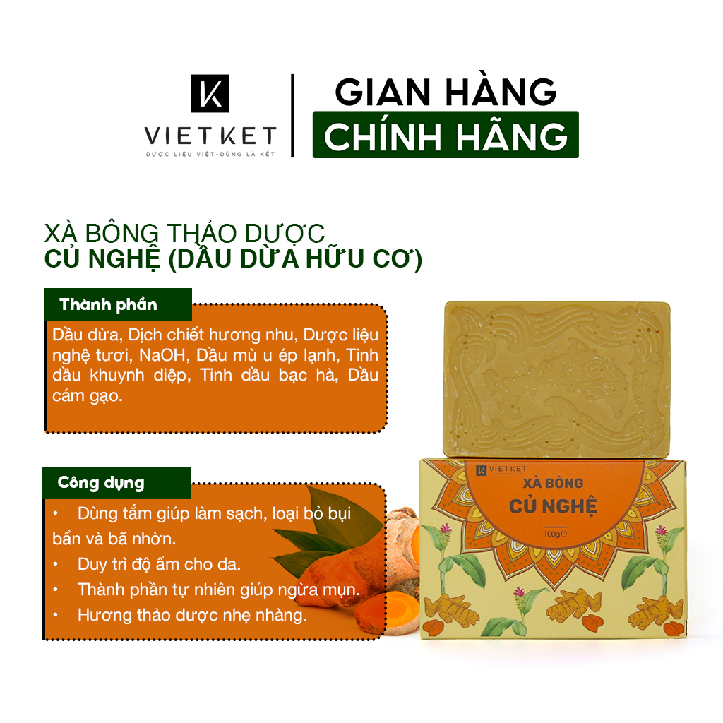 Cục Xà Bông Củ Nghệ VIETKET DDHC 100g - Làm Sạch, Giảm Mụn Lưng, Sáng Da, Duy Trì Độ Ẩm, Hương Thơm Thảo Dược