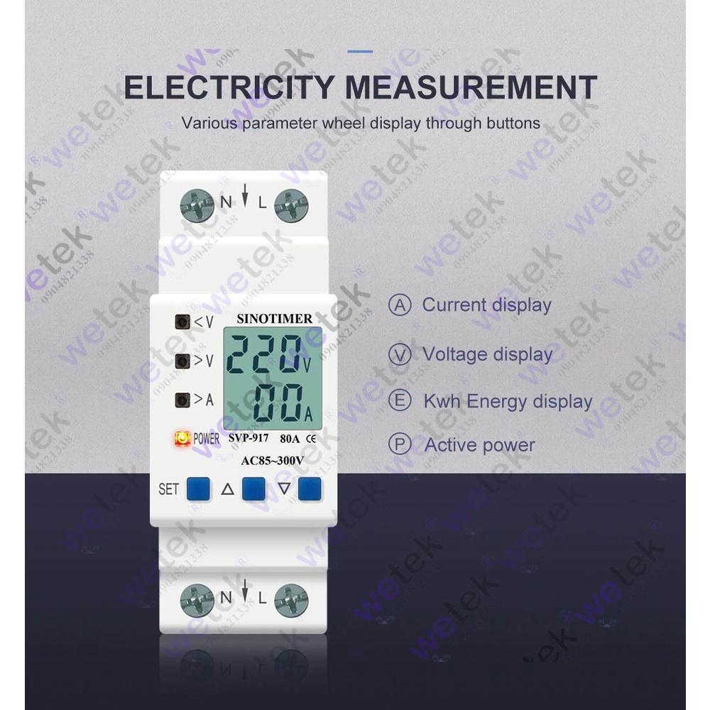 SVP-917 Công tơ kiêm bảo vệ điện áp, dòng điện, LCD, 9999.9kWh (2 chiều), 85~300Vac, 1~80A, đo V A kWh kW, Sinotimer