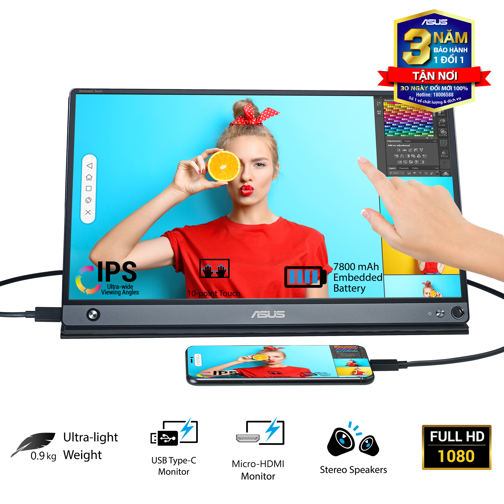 Màn Hình Di Động Cảm Ứng USB ASUS ZenScreen Touch MB16AMT 16 inch Full HD (1920 x 1080) 5ms 60Hz IPS USB Type-C Micro-HDMI Stereo Speakers 1W x 2 - Hàng Chính Hãng