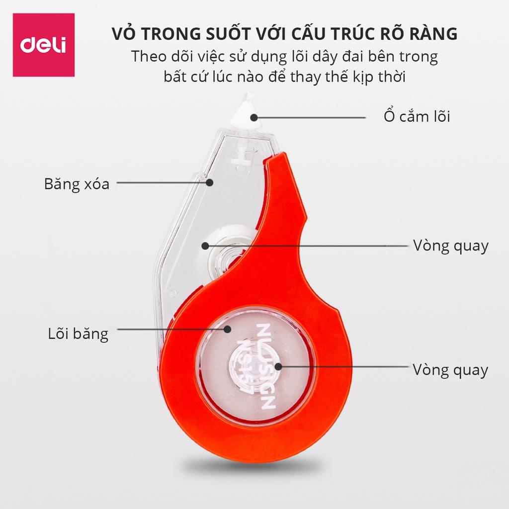 Bút xóa băng cao cấp Deli - Kích thước 12mx5mm - Băng kéo dạng film cao cấp - Trắng/Đỏ/Xanh dương/Xanh lá